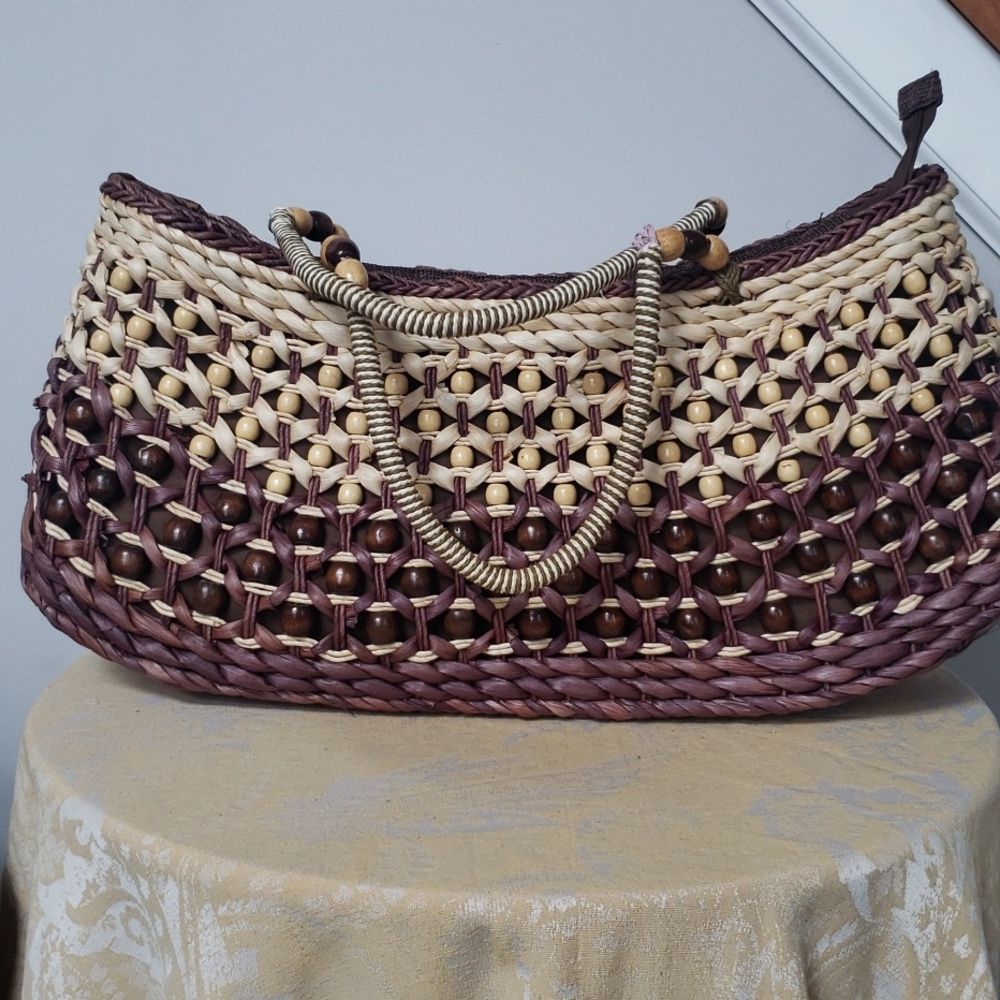 Sun N Sand Large Straw And Bead Tote Shoulder Bag